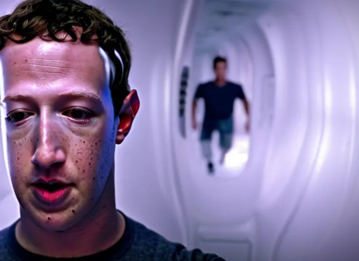 Image similar to film still of mark zuckerberg floating in a tank of milky fluid as a precog in minority report movie, 8 k