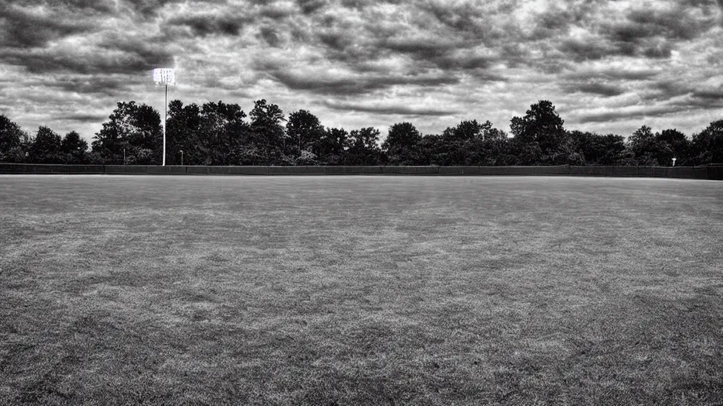 Prompt: a photograph of baseball's field of dreams empty, in the styles of phil alden robinson, mike mandel, and ansel!!! adams!!!. intricate, hyperrealistic, monochrome hdr, accurate