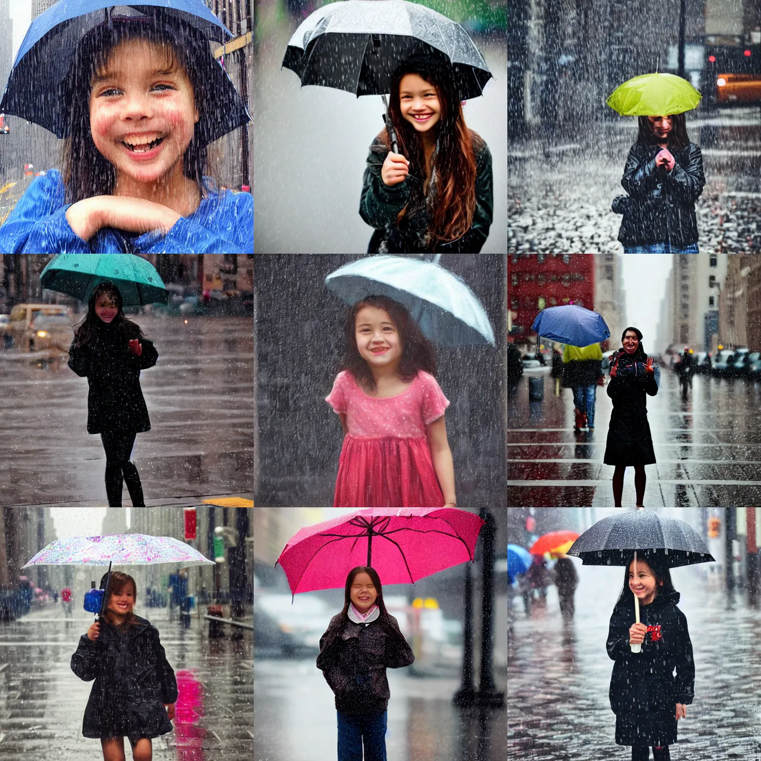 Prompt: of a girl portrait in New York rainy day happy joy of life