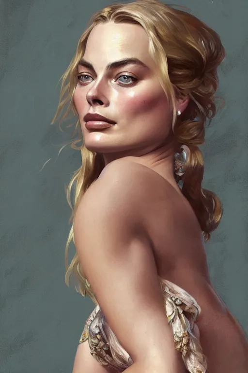 Image similar to A full portrait of Margot Robbie, intricate, elegant, highly detailed, digital painting, artstation, concept art, smooth, sharp focus, illustration, art by Krenz Cushart and Artem Demura and alphonse mucha