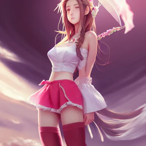 Prompt: full body shot of aerith gainsborough by WLOP, rossdraws, Logan Cure, Mingchen Shen, BangkuART, sakimichan, yan gisuka, JeonSeok Lee, zeronis, Chengwei Pan on artstation