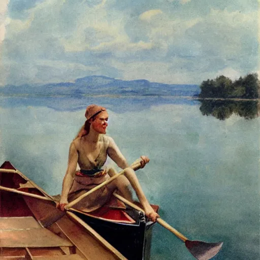 Prompt: A woman rowing a boat on a calm lake in the style of Anders Zorn