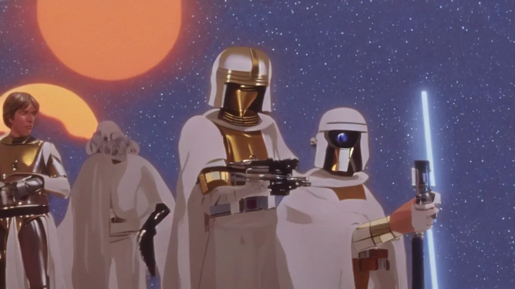 Prompt: film still Luke skywalker obi wan kenobi R2-D2 C-3PO tatooine sunset Star Wars a new hope 1977 studio ghibli animation