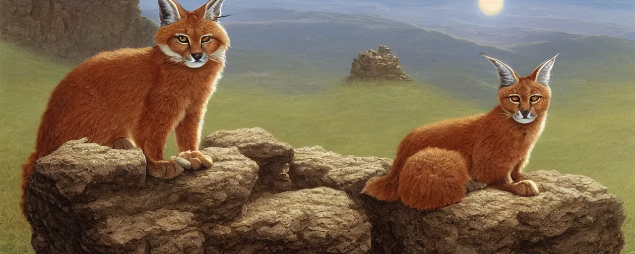 Image similar to a cute fluffy caracal on a high hill landscape with a circle of four large stones like fingers on the top, by ted nasmith