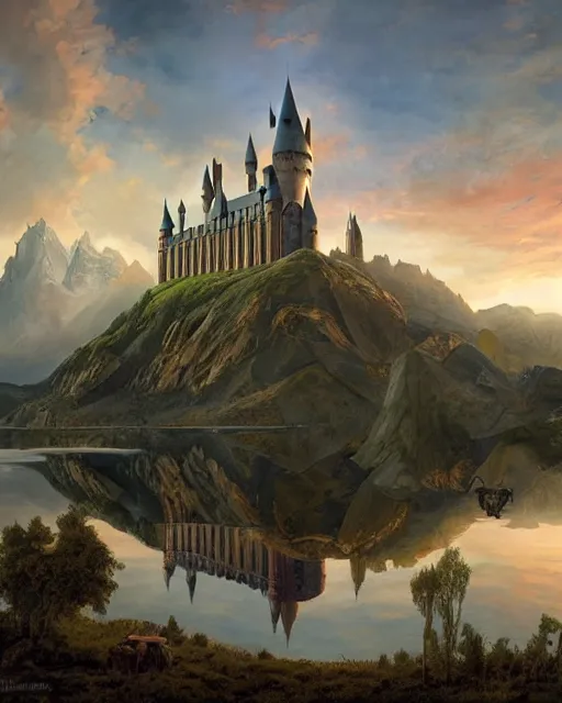 Prompt: epic Hogwarts castle, view from the lake, dragon high in the sky, early sunset, matte painting, by Isaac Levitan and Asher Brown Durand