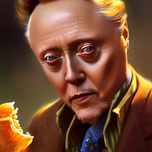 Prompt: Christopher Walken as a NYC hot dog vendor, closeup, D&D, fantasy, intricate, elegant, highly detailed, digital painting, artstation, concept art, matte, sharp focus, illustration, hearthstone, art by Artgerm and Greg Rutkowski and Alphonse Mucha