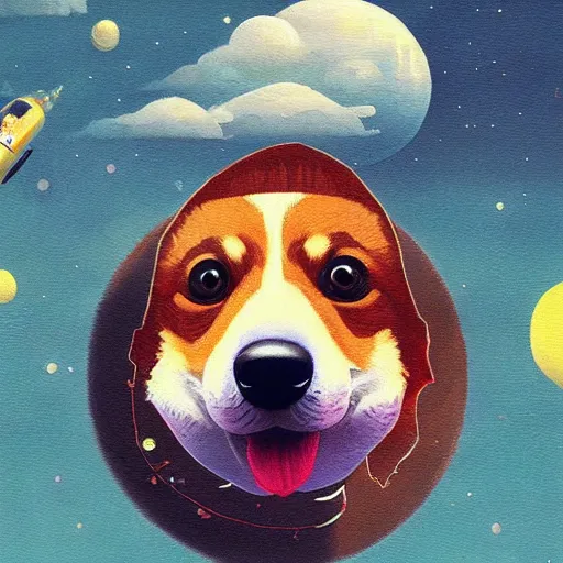 Prompt: a corgi floating in space, digital painting by simon stalenhag, futuristic, smooth, beautiful