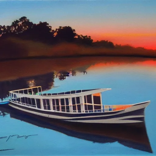 Image similar to artdeco river boat in the deep south, evening sun, intense lighting, hyper realistic, gouache