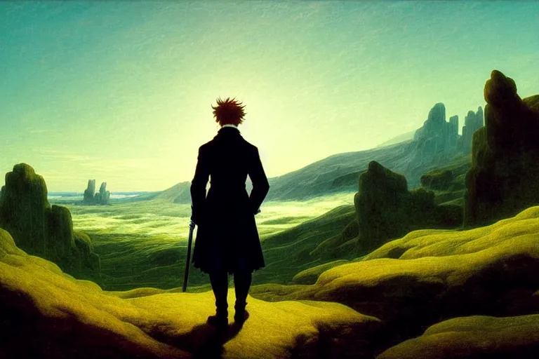 Image similar to anime key visual of wanderer above the sea of fog by caspar david friedrich 1 8 1 8, in the style of jamie wyeth james gilleard edward hopper greg rutkowski acrylic painting, oil on canvas, preserved museum piece, historical