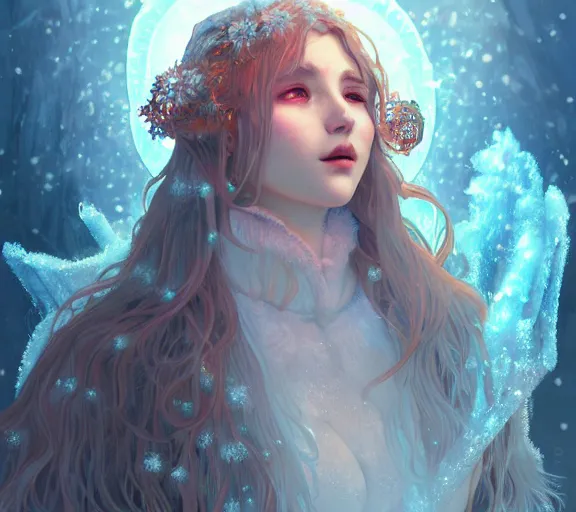 Image similar to beautiful ancient frost witch, fire in eye, snow glow, pool party, highly detailed, digital painting, artstation, sharp focus, illustration, art by tan zi and ayanamikodon and alphonse mucha and wlop