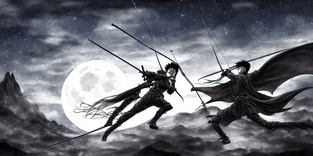 Prompt: korean archer. dragon. night sky. moon. mountain. dark fantasy. high resolution. epic fight. detailed. digital art. by kentaro miura