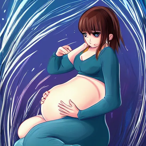 Prompt: cute pregnant girl with big pregnant belly, baby is kicking inside, high quality art in anime style, trending on pixiv