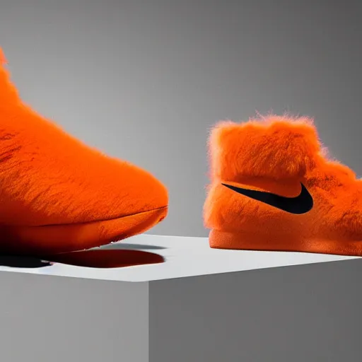 Image similar to nike shoe made of very fluffy orange faux fur placed on reflective surface, professional advertising, overhead lighting, heavy detail, realistic by nate vanhook, mark miner