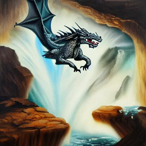 Image similar to oil painting of a dragon flying in the air near a cave with a waterfall in the center, light emanating from the waterfall leading to a big pool of water, dragon has black and white siberian tiger stripes, elegant, sharp focus, wide shot, clear, detailed, early renaissance