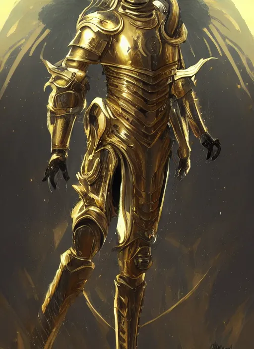 Image similar to knight with angel vibe in heavy gold and white armor, full body silhouette. dark water, tentacles, cyberpunk pearl armor, futuristic fantasy, highly detailed, digital painting, trending on artstation, concept art, sharp focus, illustration, art by artgerm and nixeu and greg rutkowski and magali villeneuve.