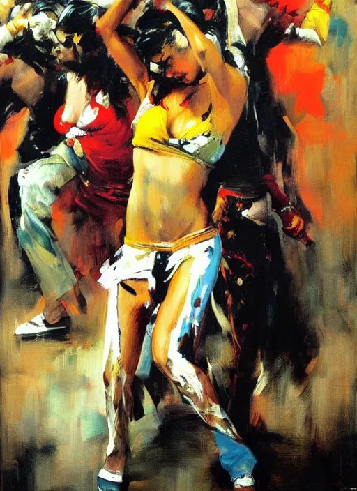 Prompt: brazilian festival dancerin, painting by phil hale, fransico goya,'action lines '!!!, graphic style, visible brushstrokes, motion blur, blurry, visible paint texture, crisp hd image