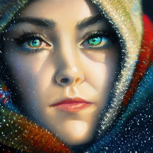 Prompt: detailed face of a cold woman bundled in a textile scarf, lush, opulent, crystallized, light cascade, shimmer, soft reflections, prism, frosty, atmospheric, ambient, pj crook, syd mead, livia prima, artgerm, greg rutkowski, nick alm, casey baugh