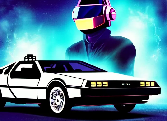 Image similar to back to the future, delorean, knight rider, daft punk, movie picture, synthwave style, tron legacy style