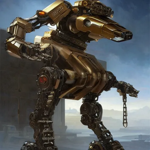 Image similar to epic painting of a realistic four - legged intricate battle robot, rule of thirds, golden ratio, subject in center of frame, trending on artstation, detailed science fiction matte painting by artgerm and greg rutkowski and alphonse mucha,