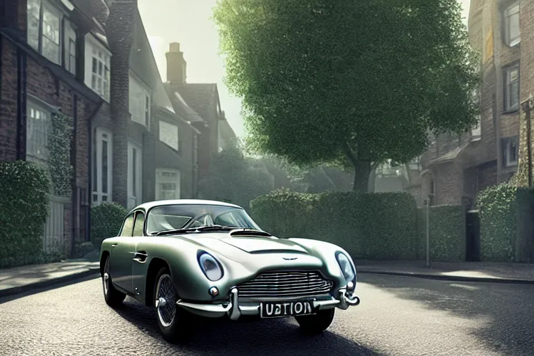 Prompt: a wholesome animation key shot of one focused aston martin db 5, on a residential london street, trees, medium range, studio ghibli, pixar and disney animation, sharp, very detailed, unreal engine 5 render, high resolution, anime key art by greg rutkowski