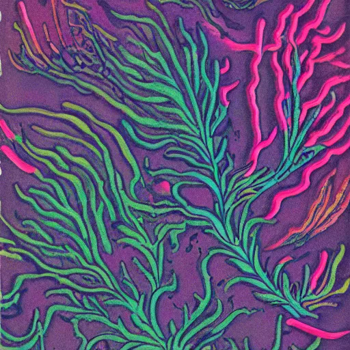 Image similar to vintage colored detailed illustration of random seaweed, neon colors