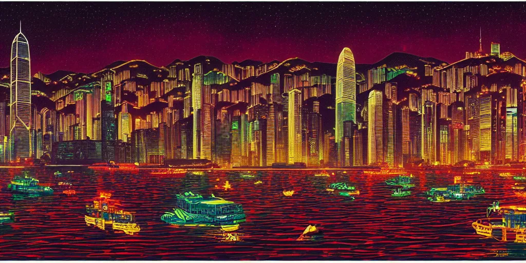 Image similar to artwork of hong kong by dan mumford and toshi yoshida and peter doig, vintage scifi, highly detailed, dramatic lighting, 8 k