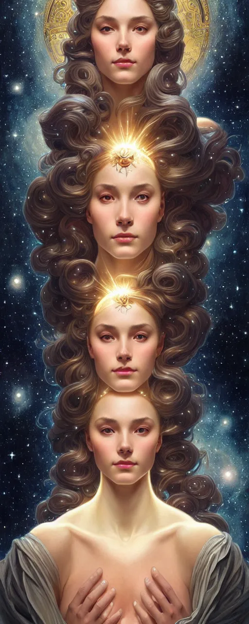 Image similar to perfectly detailed goddess of galaxies self portrait!! blessed by the universe with ever - increasing physical mental perfection, symmetrical! intricate, sensual features, highly detailed, universeral divine perfection!! digital painting, artstation, concept art, smooth, sharp focus, illustration, art by artgerm and greg rutkowski and alphonse mucha