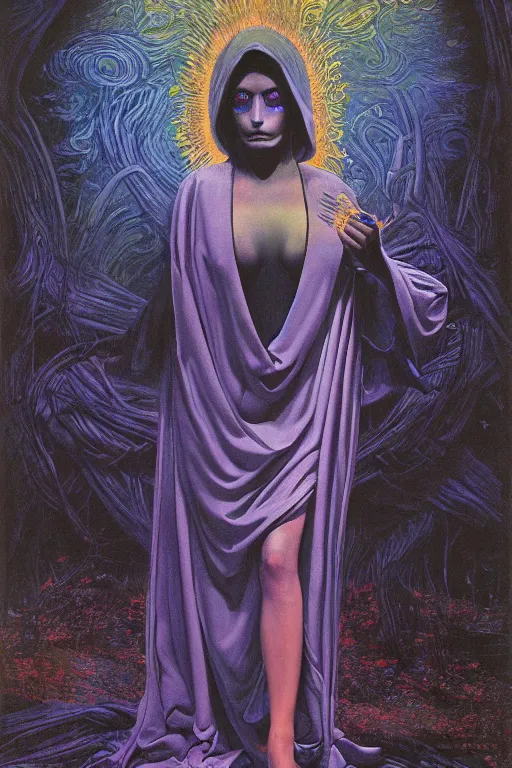 Image similar to gorgeous robed cult girl performing realism third eye ritual, dark theme night time, expanding energy into waves into the ethos, epic surrealism 8k oil painting, portrait, depth of field, perspective, high definition, post modernist layering, by Ernst Fuchs, Gerald Brom