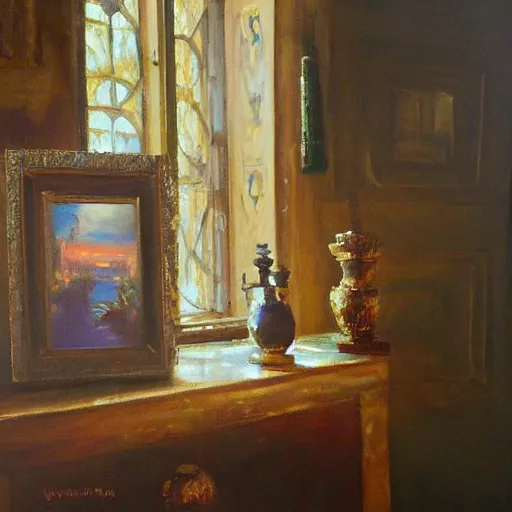 Image similar to the most beautiful treasure within the castle's treasure room. oil on canvas.