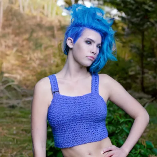 Image similar to A photo of a caucasian female model with blue hair wearing a crocheted croptop