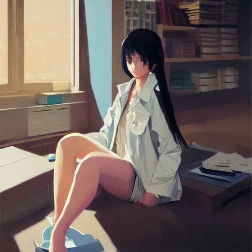 Image similar to A ultradetailed beautiful panting of a stylish girl sitting on the floor of a messy apartment, she is wearing an oversized jacket, Oil painting, by Ilya Kuvshinov, Greg Rutkowski and Makoto Shinkai