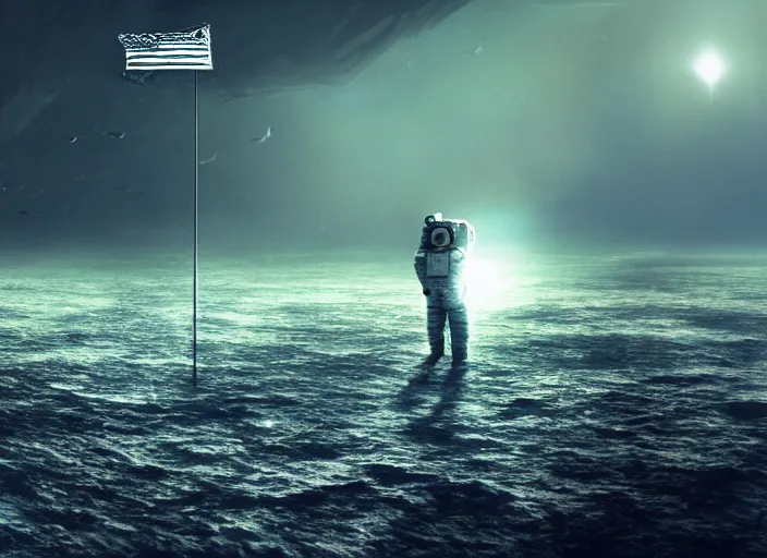 Image similar to astronaut holding a flag in an underwater desert. a submarine is visible in the distance. dark, concept art, cinematic, dramatic, atmospheric, 8 k, trending on artstation, blue, fish, low visibility, fog, ocean floor, christopher nolan, interstellar