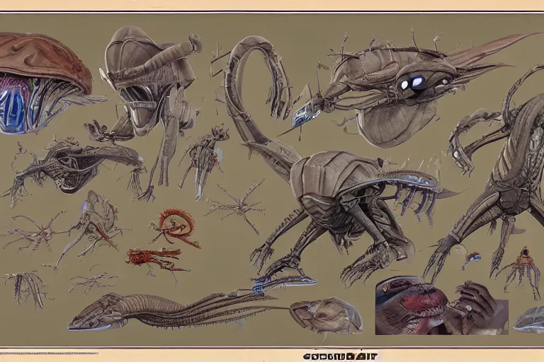 Image similar to schematic diagram of alien boss, biology, book, page, detailed, cross section, trending on artstation, cgsociety, Ralph McQuarrie and Greg Rutkowski and mobius