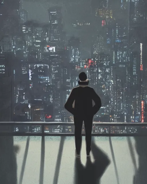 Prompt: a night rooftop scene, light from traffic in the city below, close up shot of a gangster wearing a streetwear trench coat looking at the city below, in the style of Makoto Shinkai