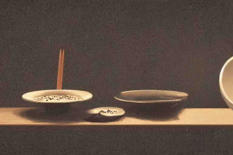 Image similar to an empty bowl with a few rice grains and broken chinese chopsticks, on a dirty table in poor apartments, running rat, dark atmosphere, digital art, very realistic