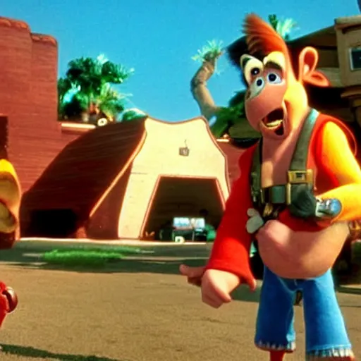 Image similar to a still of from the movie raising arizona crossover with the game banjo - kazooie