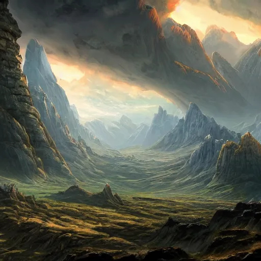 Image similar to The Sci-Fi stone landscape with large mountains in the background, wallpaper d&d art, fantasy, painted, 4k, high detail, sharp focus