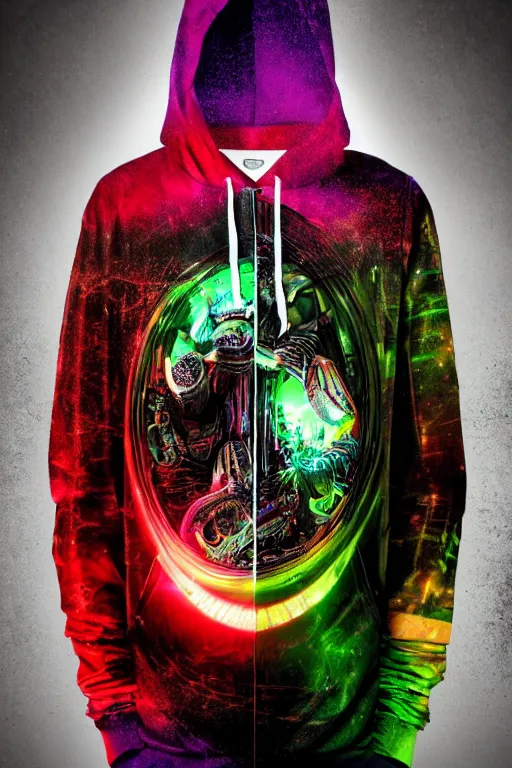 Image similar to photo of a hoodie, band merchandise, bandname is tripmachine, tourname is invasion of the tripmachines, realistic digital art, hoodie is textured with a 3 d render of a huge futuristic steampunk generator, 8 k, fluorescent colors, halluzinogenic, multicolored, exaggerated detailed, unreal engine