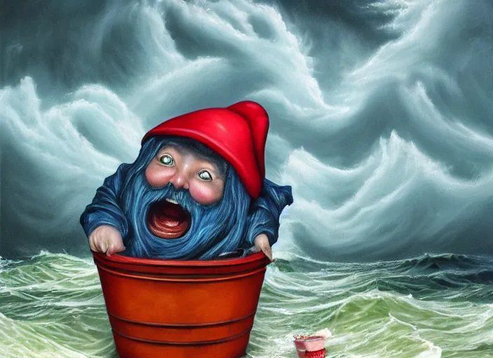 Image similar to a terrified garden gnome sailing in a bucket, background of raging ocean on a stormy with dramatic clouds, an ultrafine detailed painting by mark ryden, trending on deviantart, pop surrealism, whimsical, lowbrow, danger, perfect symmetrical face