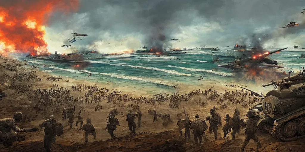 Image similar to d-day landing, ww2, world war 2, wide shot, landscape, by Jason Felix by Steve Argyle by Tyler Jacobson by Peter Mohrbacher