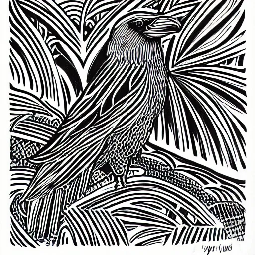 Prompt: crow, bold stylized block print, 4k, black ink on white paper