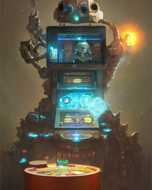 Image similar to robotic slot machine [ thing ], lights, tiny, small, short, dnd character art portrait, matte fantasy painting, deviantart artstation, by jason felix by steve argyle by tyler jacobson by peter mohrbacher, cinema