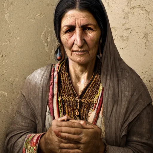 Image similar to hyperrealistic mixed media high resolution image of a beautiful Kurdish grandmother, stunning 3d render inspired art by István Sándorfi and Greg Rutkowski and Unreal Engine, perfect symmetry, dim volumetric lighting, 8k octane beautifully detailed render, post-processing, extremely hyper-detailed, intricate, epic composition, highly detailed attributes, highly detailed atmosphere, full body shot, cinematic lighting, masterpiece, trending on artstation, very very detailed, masterpiece, stunning, flawless structure, lifelike texture, perfection,