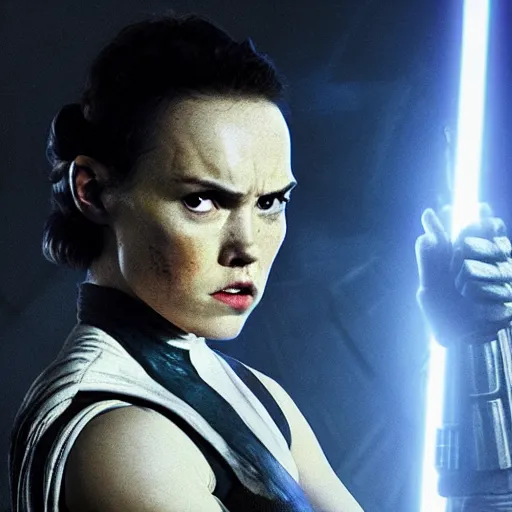 Prompt: evil mutant corrupted daisy ridley as rey, killing stormtroopers, sith lord, dark side, cinematic movie image, both hands raised to use the force, yellow eyes, hd star wars photo