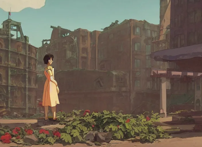 Image similar to a flower on the background of a ruined city, dieselpunk, by Studio Ghibli and Edward Hopper