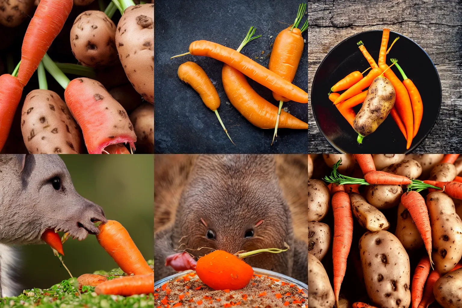 Prompt: Carnivorous potato feeding on a carrot, nature photography, close up