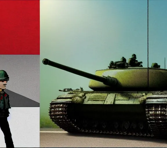 Image similar to photorealistic concept art of tiananmen square tank man standing in front of tank girl's tank, detailed