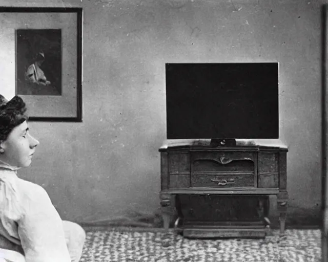 Image similar to 1 9 0 0 s photo of a person watching a flat screen hd tv