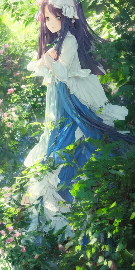 Prompt: a digital art full of atmosphere of a loli with long hair in a dress in the privet garden at after noon, green and warm theme, blue accents, low angle, back lighting, highly detailed, 4 k resolution, trending on art station, by krenz cushart and mucha and akihito yoshida and greg rutkowski and