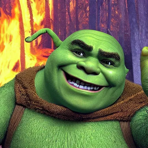 Prompt: Shrek is really angry and he's screaming. His swamp and shack house is burning down. Tears are coming out of his eyes.